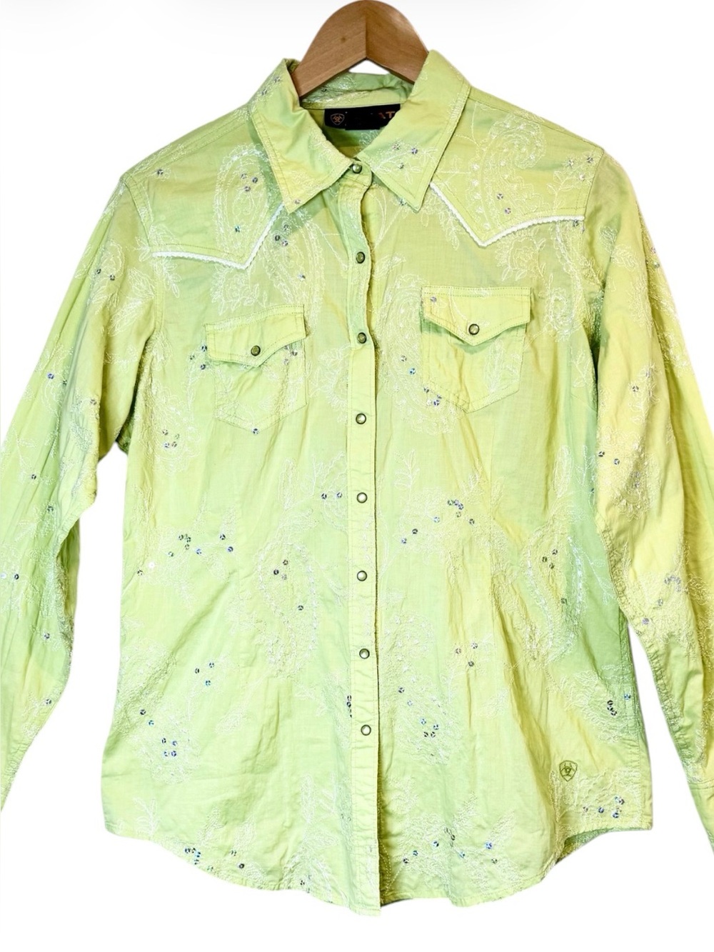 Women’s Ariat Western Snap Shirt Sz Large Embroidered & Sequin Cowgirl Sparkle